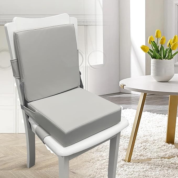 Booster Seat for Dining Table, PU Anti-Scratch Easy Cleaning Kids Toddler Booster Seat for Table, Portable Travel Increasing Cushion for Chair - Light Grey