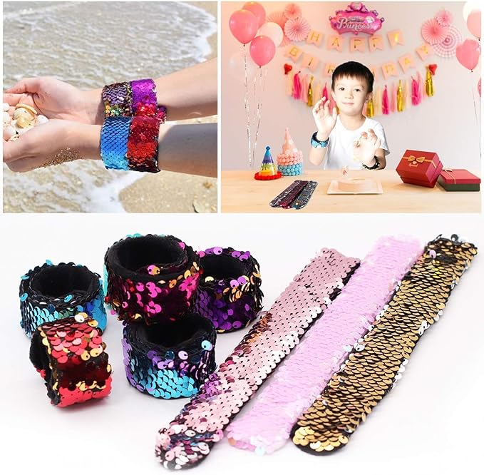 Childom 20 Pack Slap Bracelets 2-Color Reversible Charm Bracelets stage sequins horsetail buckle color ball head hair accessories hair accessories Magic Wristband