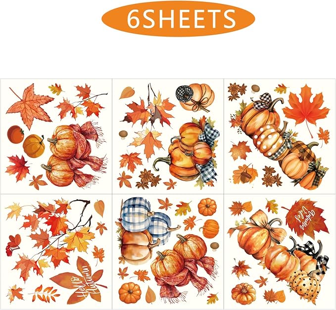Autumn Pumpkin Window Stickers, Autumn Maple Leaf Decoration Stickers, Thanksgiving Harvest Window Stickers, Double-Sided Printing Suitable for Holiday Decoration