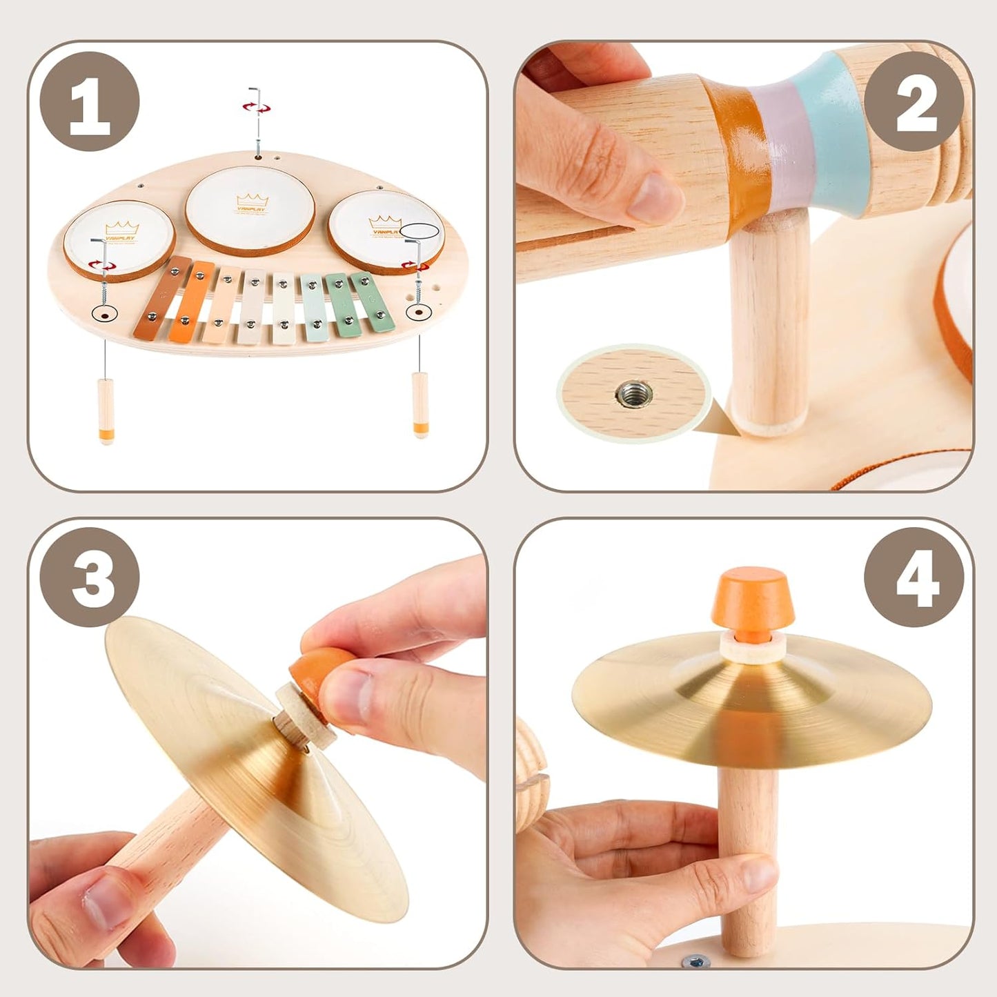 Drum Set - 9 in 1 Musical Instruments for for Toddlers 3+, Wooden Montessori Toys for Boy & Girls Easter Birthday Gifts, Musical Drum Set with Xylophone for Kids 3 4 5 6