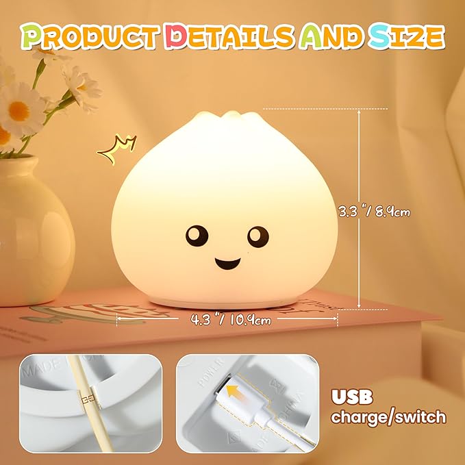 Night Light for Kids, Rechargeable Dimmable Silicone LED Nightlight with 7 Colors, Baby Nursery Night Lamp, Touch Squishy Lamp, Cute Gifts for Girls, Boys, Toddler Room Decor, Dumpling