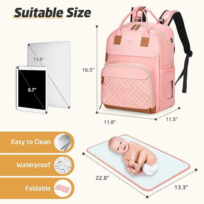 Diaper Bag Backpack - Extra Large Diaper Bag for 2 Kids Twin, Travel Baby Bags for Mom Dad 25-37L Expandable with Changing Pad Earphone Hole, Solid Pink