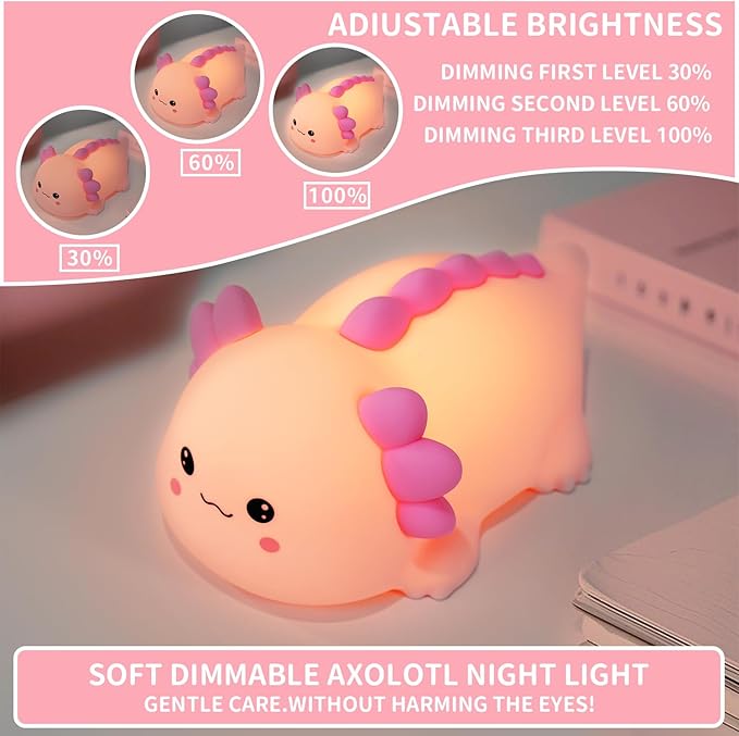 Axolotl Silicone Nursery Night Light, Dimmable LED Animal Lamp with Timer,Cute Gifts Rechargeable Bedroom Bedside Lamp with Touch Sensor Toy for Kids (Axolotl B)