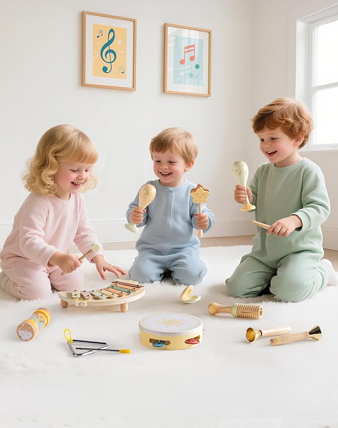 ROBOTIME Baby Musical Instruments Set, 11 PCS Wooden Toddler Musical Toys with Xylophone Percussion Instruments, Montessori Musical Toys for Preschool Kids Girls Boys