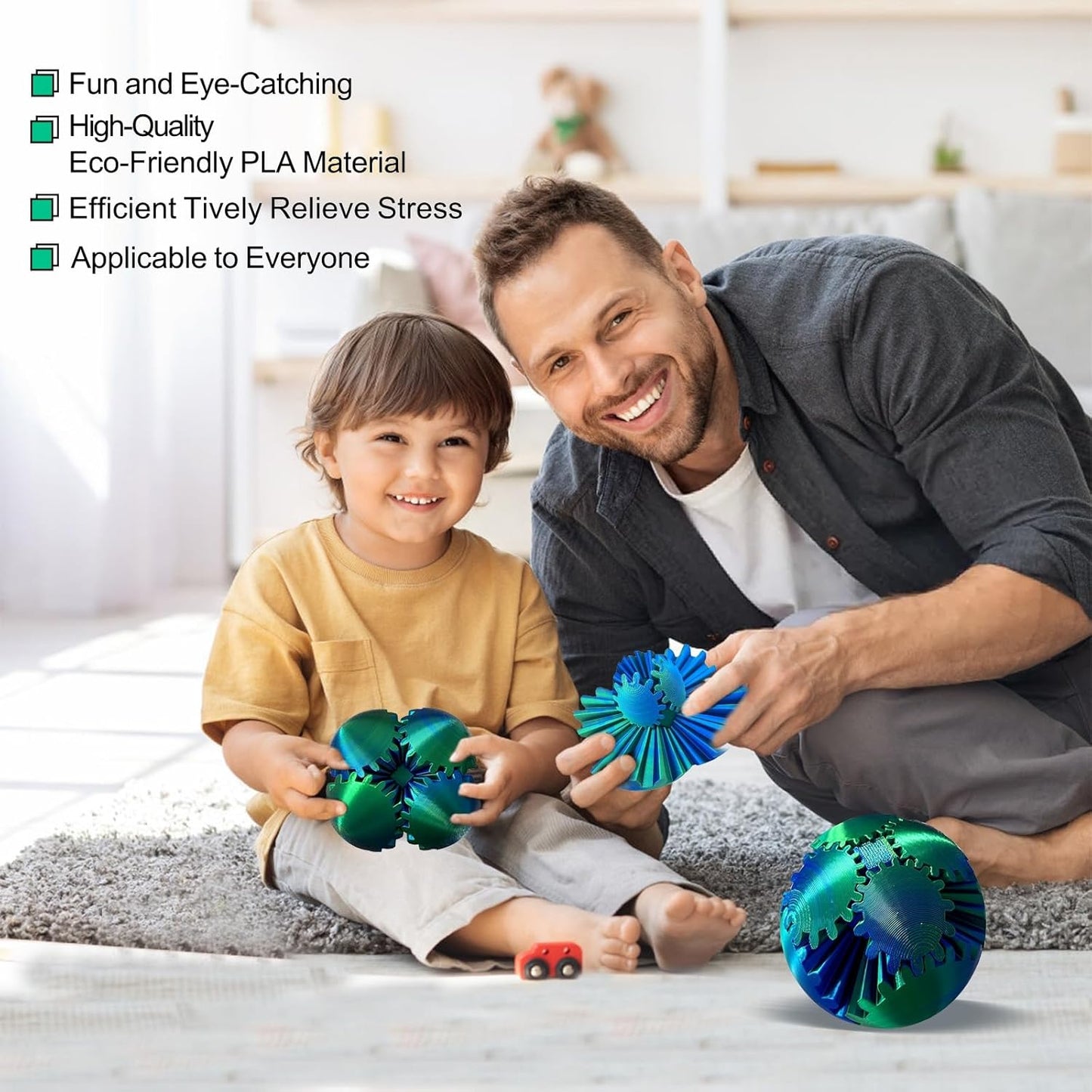 Gear Ball, 3D Printed Gear Ball Spin Ball Cube Fidget Toy, Gear Sphere Fidget Ball, Stress Ball, GearSphere Desk Toy, Gear Toy for Stress and Anxiety Relaxing (Laser Green)