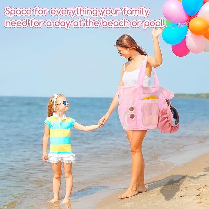 Tagitary Mesh Beach Bag with Zipper Large Beach Tote Waterproof Sandproof with 8 Pockets for Toys Pool Bag Beach Accessories