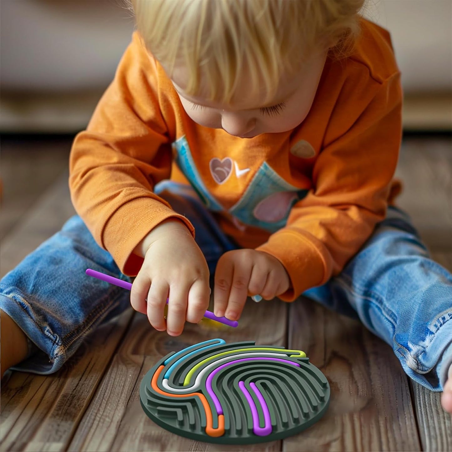 Silicone Sensory Activity Board, Silent Fidget Toys for Calming, Anxiety, Stress, ADHD and Autism, Kids 3+ & Adults, Portable with Travel Bag & 13 Colored Strings (Deep Green-Round Shape)