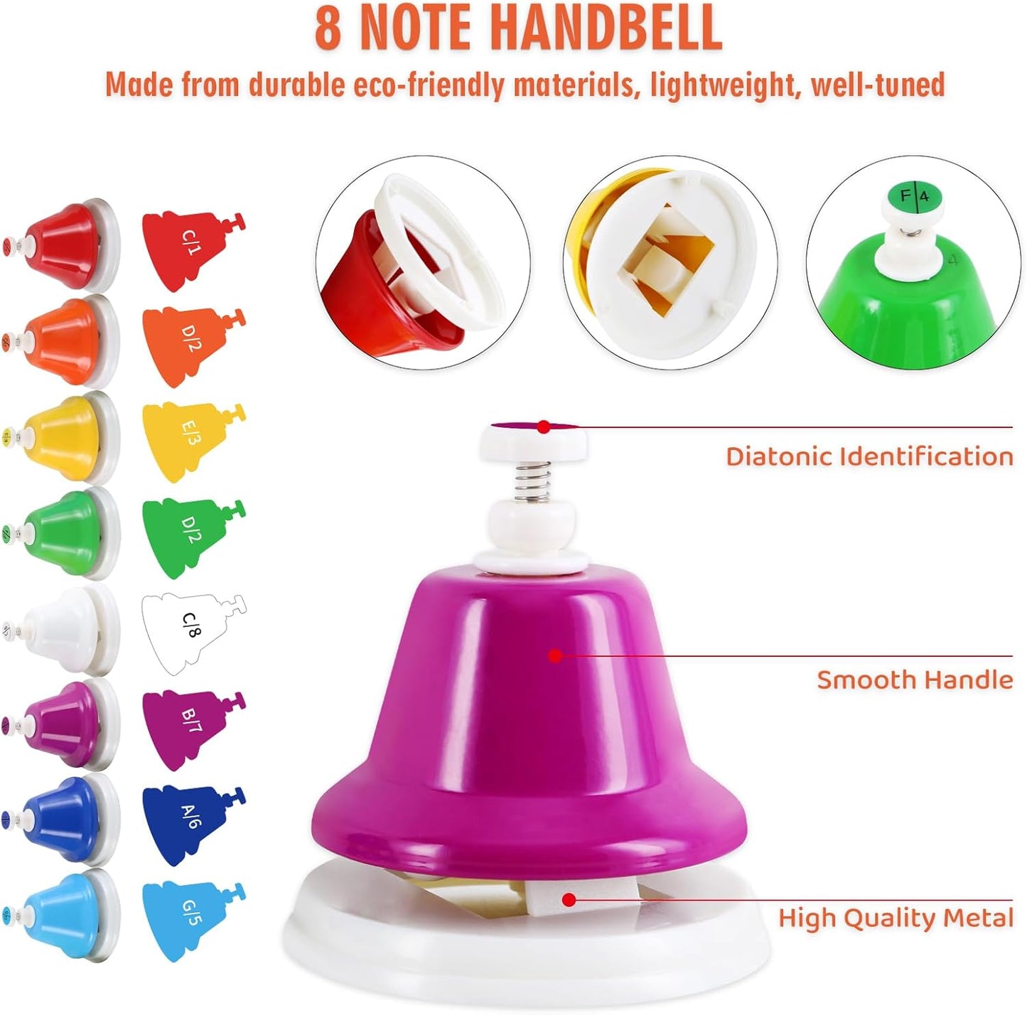 Eastrock Desk Bells, Hand Bells Set 8 Note Diatonic Musical Bells for Toddlers Children Kids Adults, Used for Festival, Musical Teaching, Church Chorus, Wedding, Family Party