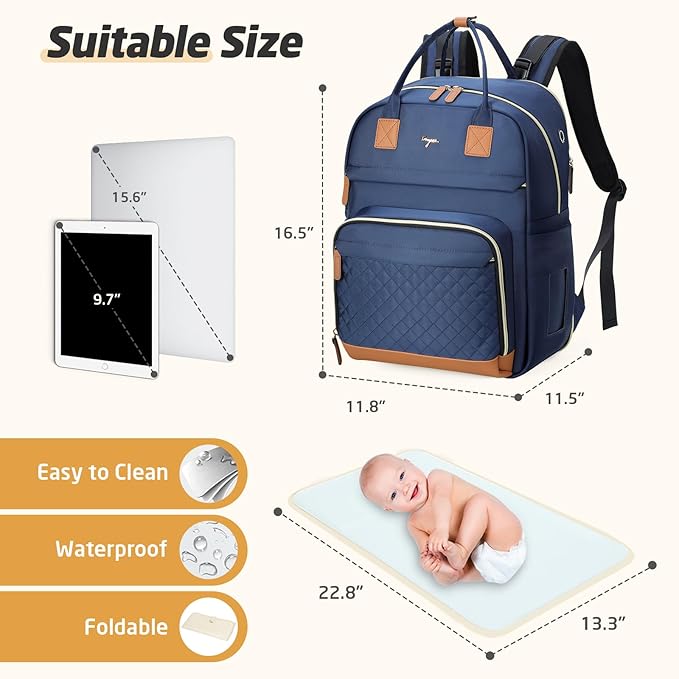 Diaper Bag Backpack - Extra Large Diaper Bag for 2 Kids Twin, Travel Baby Bags for Mom Dad 25-37L Expandable with Changing Pad Earphone Hole, Solid Blue