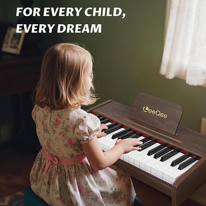 LeeQee 37-Key Wooden Kids Piano Keyboard - Electronic Music Toy with Pro Sound, Educational Learning Modes & Portable Power - Best Toddler Educational Gift for Aspiring Musicians
