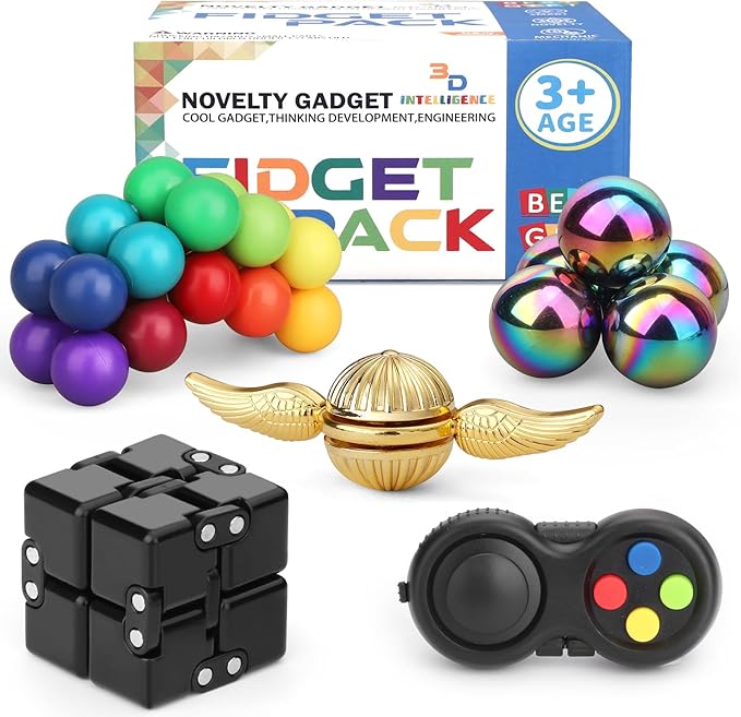 Dilabnba 9PCS Fidget Toys Bulk for Adults Teens, Cool Gadgets Office Desk Toy, Fidget Spinner Cube Pad Rainbow Sensory Ball Magnetic Stones, Goody Bag Fillers Birthday Gifts