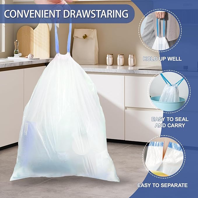 15 Gallon Trash Bags with Drawstring - 120 Count Heavy Duty 1.25 Mil Garbage Bags 56 Liter Tall Kitchen Bin Liners Unscented White for Home Yard Lawn
