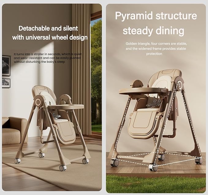 Nine point nine PU Leather Baby High Chair with Swinging Function, High Chairs for Babies and Toddlers, Removable Double Tray Baby Seat Feeding Chairs (8121 Khaki)