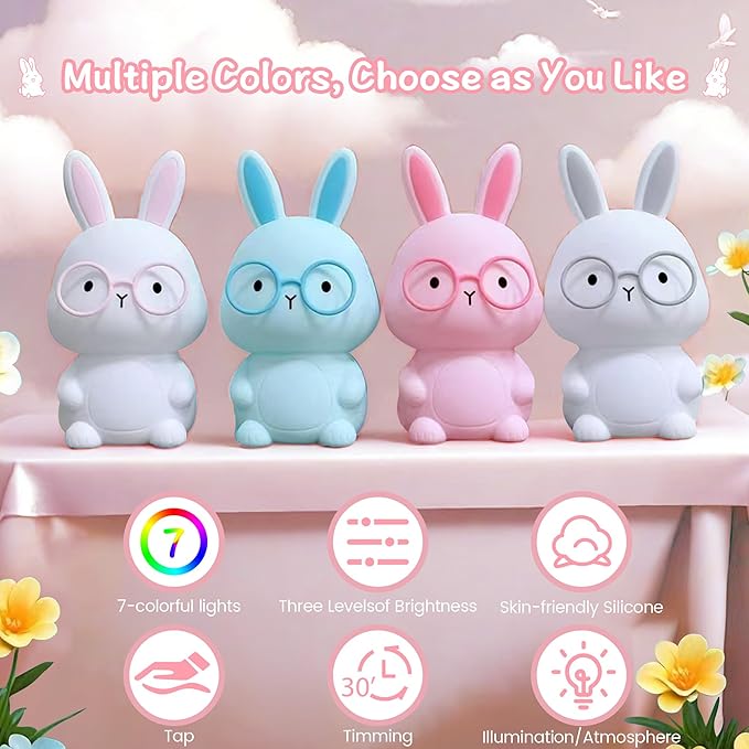 Bunny Night Light for Kids, Soft Silicone Nursery Lamp, 7-Color Glow, 3-Level Dimmable Warm Light, Tap Control, 30Min Timer, Rechargeable, BPA-Free, Easter & Birthday Gift, Baby Room Decor, White