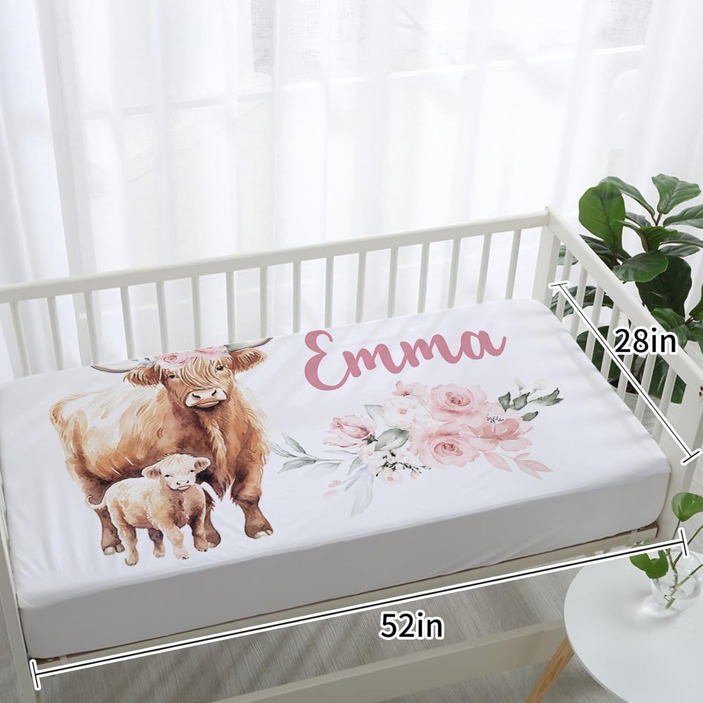 Personalized Baby Crib Bedding Set for Baby Girls, Pink Highland Cow Pattern Custom Name Baby Crib Sets 5-Pcs, Toddler Double Layer Blanket Fitted Sheets Changing Pad Cover Rug Wall Art Set