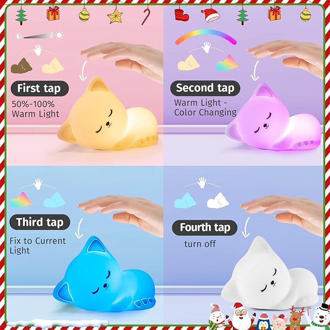 Night Light for Kids,16 Colors Cat Lamp Cute Lamp,Dimmable Baby Night Lights for Nursery,Silicone Rechargeable Nightlight for Kids Room,Kawaii Room Decor,Cat Gifts for Girls Gift for 3-6 Year Old Girl