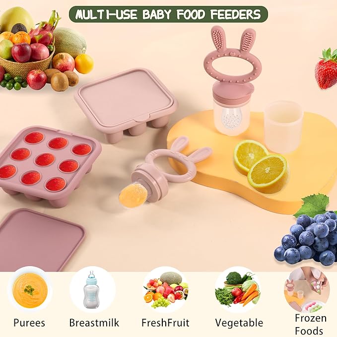 WAJIAYON Baby Breastmilk Popsicle Molds & Baby Fruit Feeder (4 Pack), Infant Food Freezer Tray Storage Containers, Silicone Teething Pacifier Feeder and Teether for Babies(Pink&Purple)