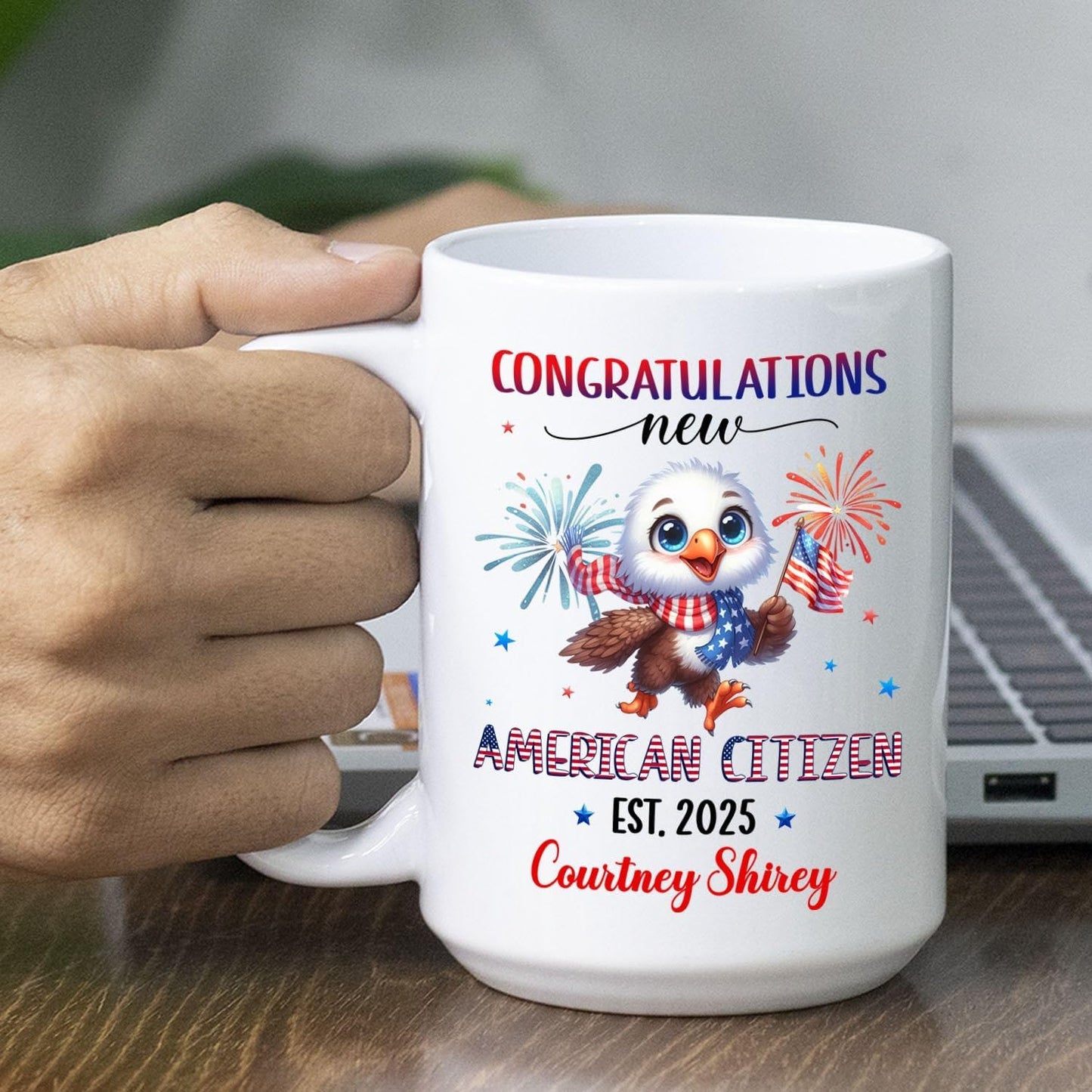 Congratulations New American Citizen Coffee Mug Gift For Daughter Son Sister Brother, Customized Congrats US Citizen White Coffee Cup With Year & Name, Personalized US Citizenship Teacup 11Oz 15Oz