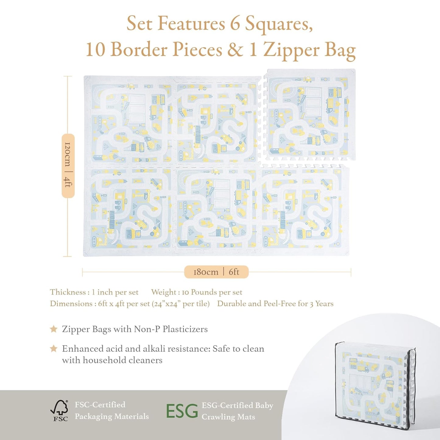 Premium Baby Foam Play Mats -Stylish Floor & Exercise Puzzle Mat for Toddlers & Kids- 6 Soft, Non-Toxic, Odorless, Peel-resistant Foam Tiles -6ft x 4ft -1"inch Extra-Thick, Pastel Blue Gray