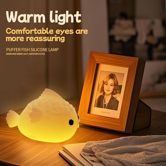 White Pufferfish Night Light - Silicone Touch Sensor Lamp for Nursery, 3 Adjustable Brightness, USB-C Rechargeable Baby-Safe Bedside Light, Modern Kids Room Decor & Toddler Sleep Aid