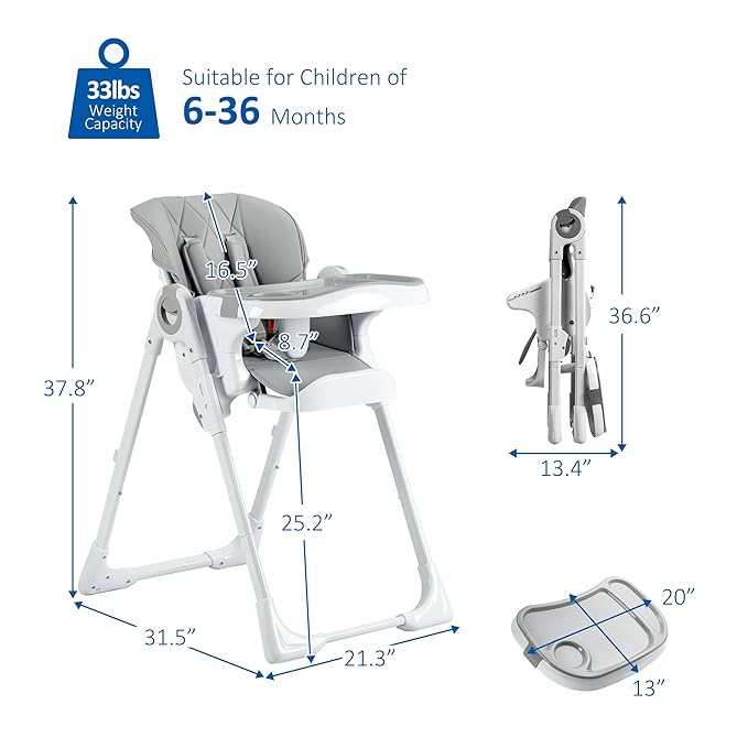 GAOMON Baby High Chair, Multifunctional Infant Highchairs with Adjustable Height and Recline, Foldable High Chair for Babies & Toddlers, High Chair with Removable Tray Easy Clean (Gray)