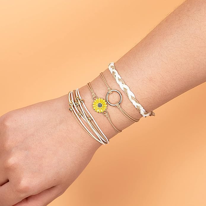 FANCY SHINY Sunflower String Bracelet Boho Braided Rope Wrap Bracelets Cute Summer Beach Surfer Jewelry for Women Christmas Gifts