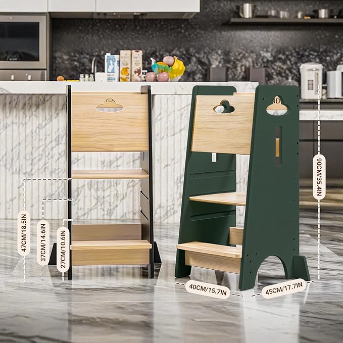 COSYLAND Toddler Standing Tower Adjustable Height - Super Stable Toddler Kitchen Stool Helper - 3 Levels Adjustable Wooden Kids Kitchen Stool (Natural & Green)