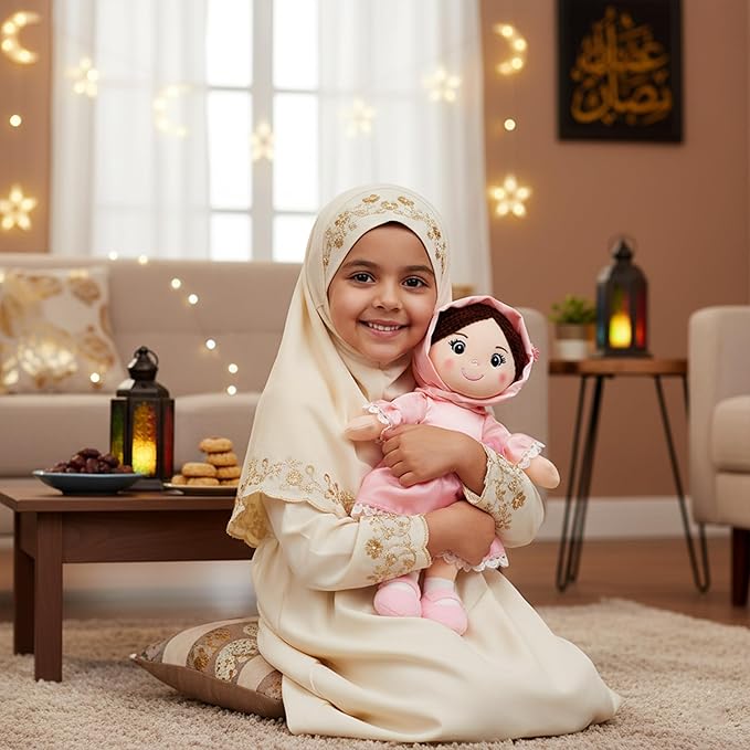 June Garden 14" Snuggle Cuties Aisha - Muslim Hijab Doll - Soft Cuddly Plush Doll for Girls - Huggable Rag Doll - Ramadan Gift - Pink M