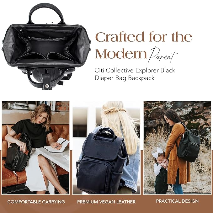 Citi Collective Explorer Black Diaper Bag Backpack - Vegan Leather Diaper Bag with Shoulder Strap, Insulated Bottle Pockets, Changing Pad, Stroller Clip- Versatile Diaper Bag for Baby