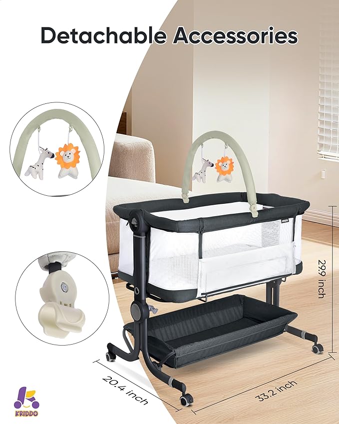 KRIDDO 2-in-1 Baby Bassinet for Infant, Bedside Bassinet with All-Around Breathable Mesh, Lockable Wheels, Adjustable Height and Incline, Bedside Sleeper for Baby with Large Storage Basket, Dark Grey