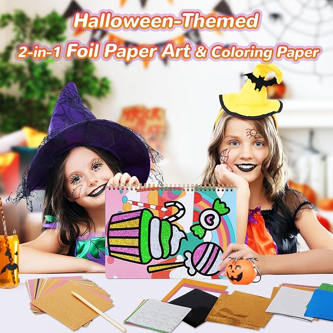 JULEASEL Halloween Foil Paper Arts and Crafts Kits, DIY Halloween Arts and Crafts for Kids, No Mess Foil and Coloring Books, Creative Spooky Art Gifts for Boys Girls Ages 4+