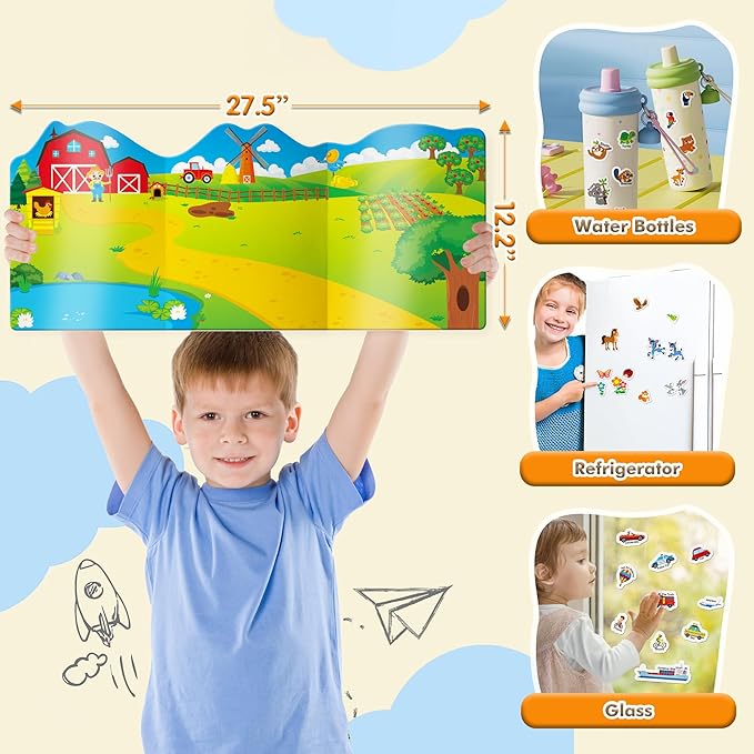 Jelly Stiicker Books Set for Kids Travel Essentials, Reusable Sticker Books for Toddler, Restickable Sticker Book Tdddler Travel Toys for Kids, Safari, Farm, Ocean, Vehicles