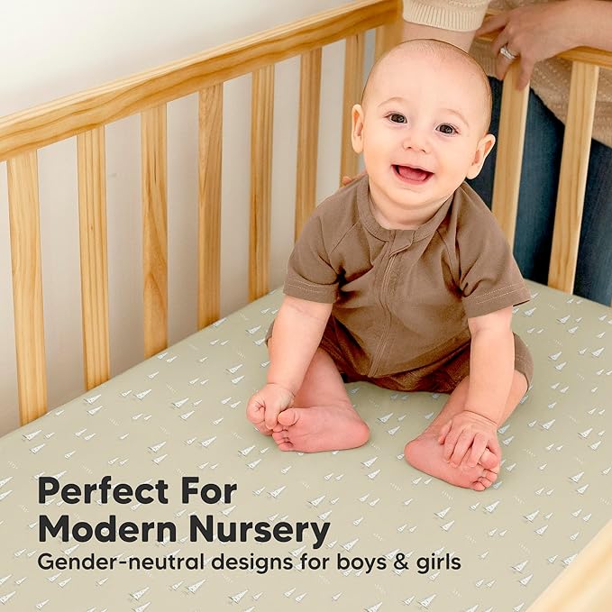 2-Pack Waterproof Baby Crib Sheets for Boys, Girls - 52x28 Viscose Derived from Bamboo Toddler Bed Sheet Neutral, Fitted Crib Mattress Protector Cover for Baby Bedding, Soft & Gentle (Pine Grove)