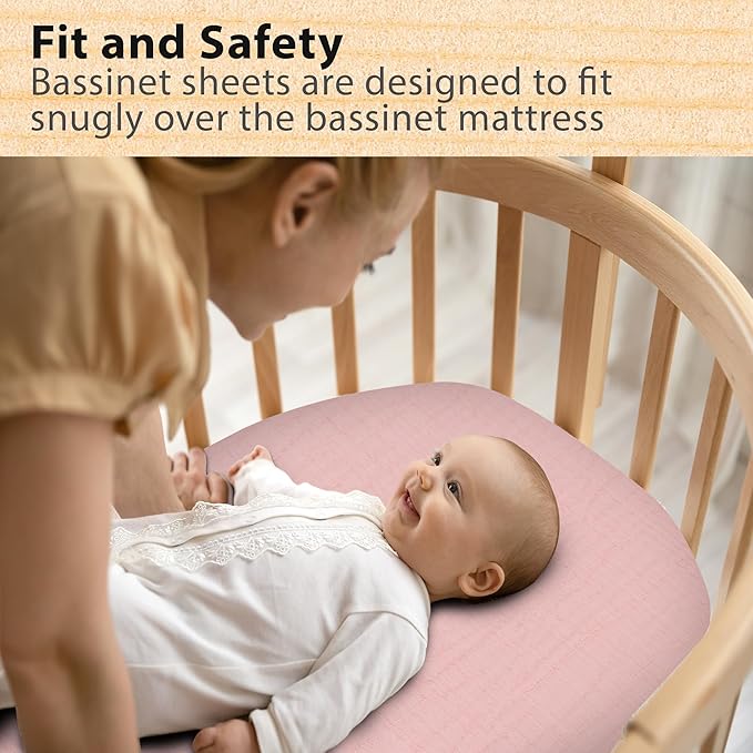 3-Pack Organic Muslin Bassinet Fitted Sheets, Compatible with Halo, Snoo, Graco, Dream On Me, Delta, and Other Standard Size Bassinets - Fits Oval, Hourglass, & Rectangle Shapes (32 x 16 x 4 Inches)