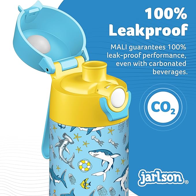 Jarlson® Mali Children's Water Bottle, Thermal Stainless Steel Water Bottle, BPA-Free, Leak-Proof, Children's Bottle with Chug Lid, Bottle for School, Nursery (Sharks, 500 ml)