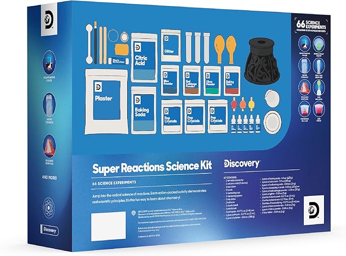 Discovery™ Super Reactions Science Kit – 66 Experiments STEM Lab for Kids| Includes Chemistry Tools, Volcano Mold, Slime, Reactions & Explosions|Educational Learning Toy|DIY Activity Set Gift| Ages 8+
