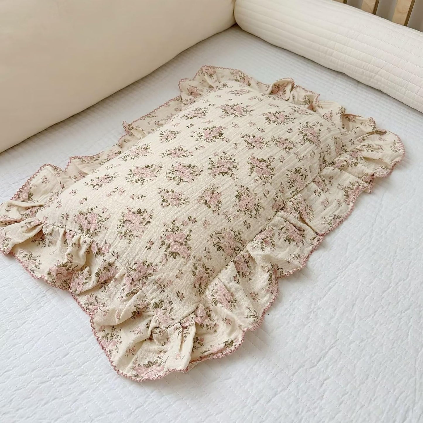 BuLuTu Muslin Cotton Toddler Pillowcases 14"x20", Shabby Chic Pink Floral Kids Pillow Cases Fit Toddler Pillow Sized 13"x18" Soft Children Pillow Covers for Girls Boys, Envelope Closure