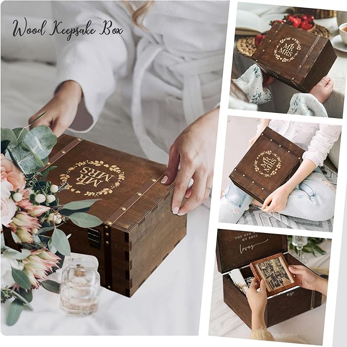 AW BRIDAL Large Mr and Mrs Wedding Keepsake Box with Lids, Engraved Wooden Storage and Decorative Box, Bridal Shower Gifts for Bride Bachelorette, Engagement Gift for Couples Newly Engaged
