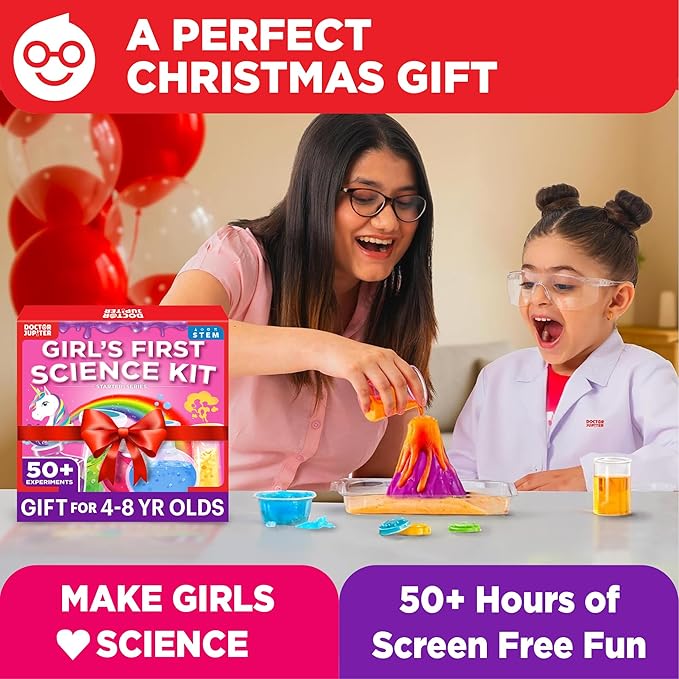 Doctor Jupiter Girls’ First Science Kit, Chemistry Set for Kids Ages 4-5-6-7-8 | Birthday Gift Ideas for 4+ Year Old Girls | STEM Toy Kit with 50+ Experiments | Learning & Educational Projects