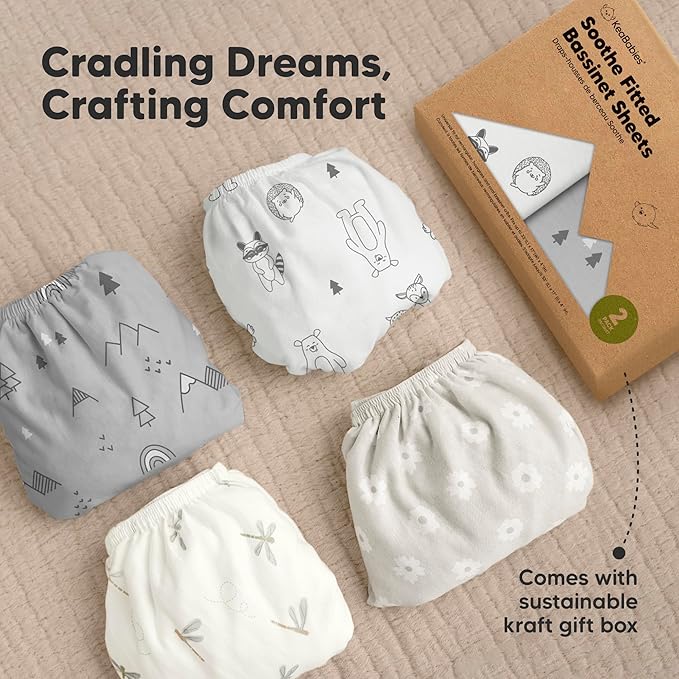 2-Pack Organic Bassinet Sheets for Girls, Boys - 100% Cotton Bassinet Mattress Sheets Compatible with Halo Bassinest Swivel Sleeper, Graco, Baby Delight, Chicco, Fitted Bassinet Sheets (Woodland)