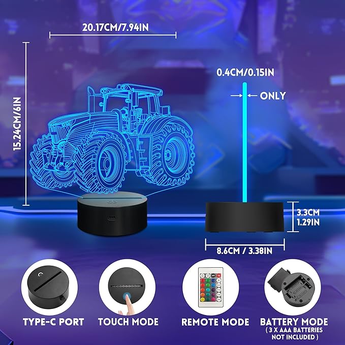 Tractor Night Light, Truck 3D Illusion Optical Hologram LED Lamp with 16 Color Changing, Remote Control, Timer, Table Bedroom Decor Creative Chrismas Birthday Gift for Kids Boys Grandson Men