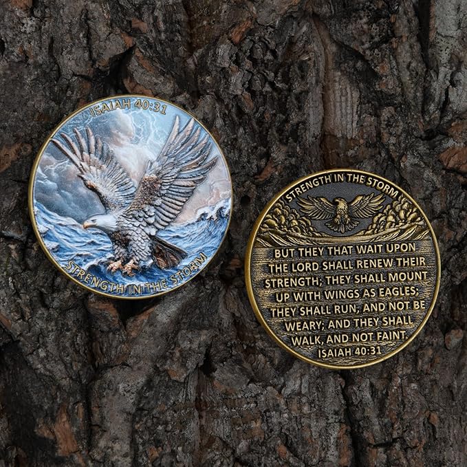 1.57 Inch Zinc Alloy Double-Sided 3D Eagle Challenge Coin - Colorful Inspirational Design with Isaiah 40:31, Strength in The Storm Theme