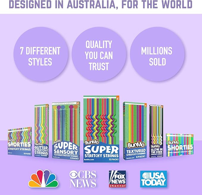 BUNMO Sensory Toys Stretchy Strings for Toddlers 3+ - Stimulating & Addictive Fidget Toys for Kids - Hours of Fun for Kids - Non-Mouthable Toy 3+ - Smooth 6 Pack