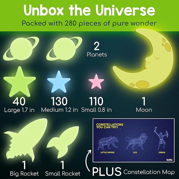 BUNMO 280pcs Glow in The Dark Stars for Ceiling - Safe Glow in Dark Stickers for Walls & Ceilings - Longlasting Glow in Dark Stars for Ceiling - Glow in The Dark Ceilings Stars - Strong Glow