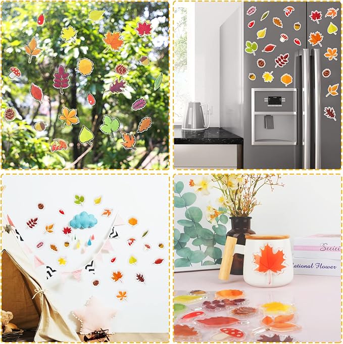 20 PCS Fall Thick Gel Cling Autumn Leaves Window Gel Clings Decals Stickers for Kids, Toddlers and Adults Home Airplane Classroom Nursery Thanksgiving Party Supplies Decorations Removable and Reusable