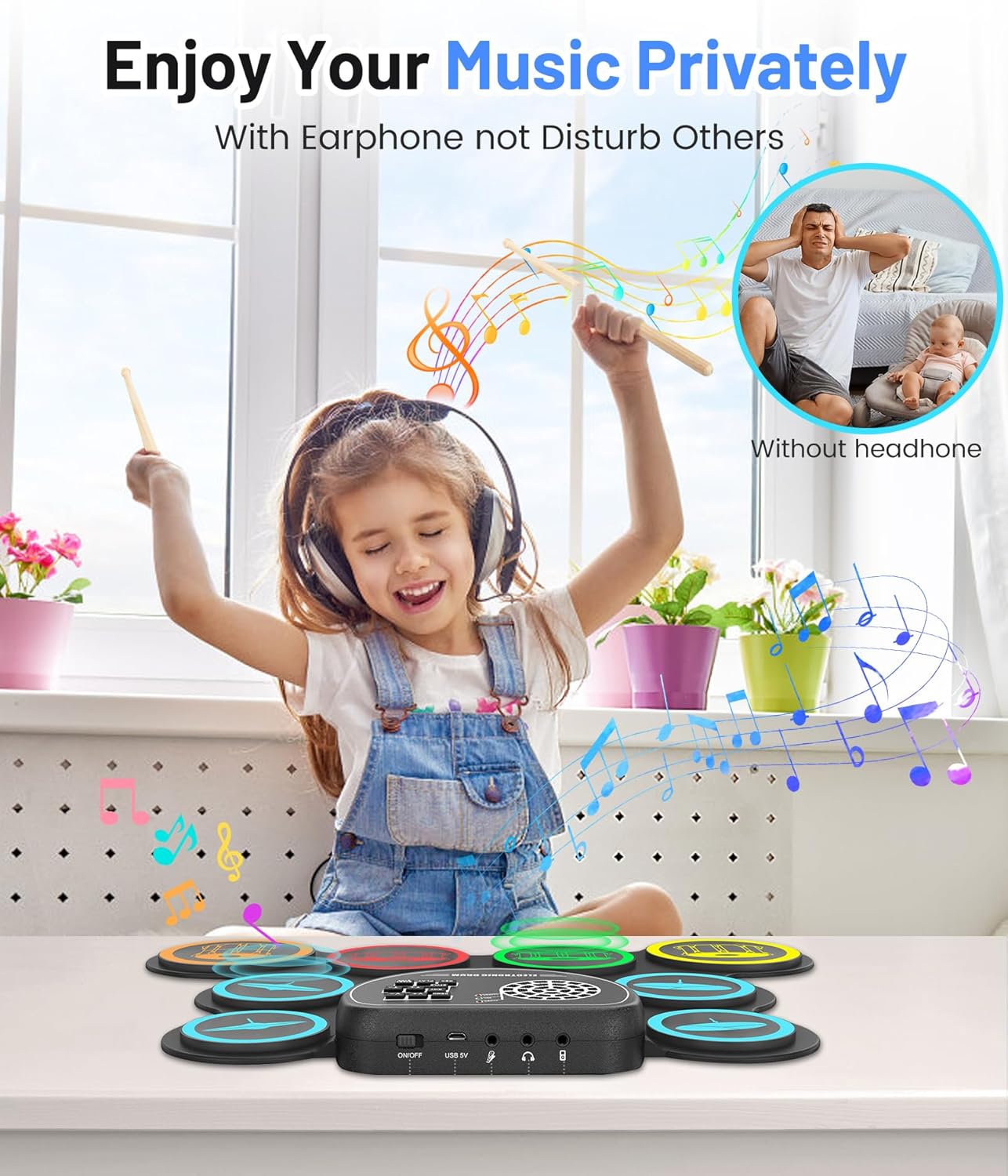 Electronic Drum Set, 9-Drum Practice Pad with Headphone Jack, Roll-up Drum Kit Machine with Built-in Speaker Drum Pedals and Sticks 10 Hours Playtime, Great Christmas for Kids