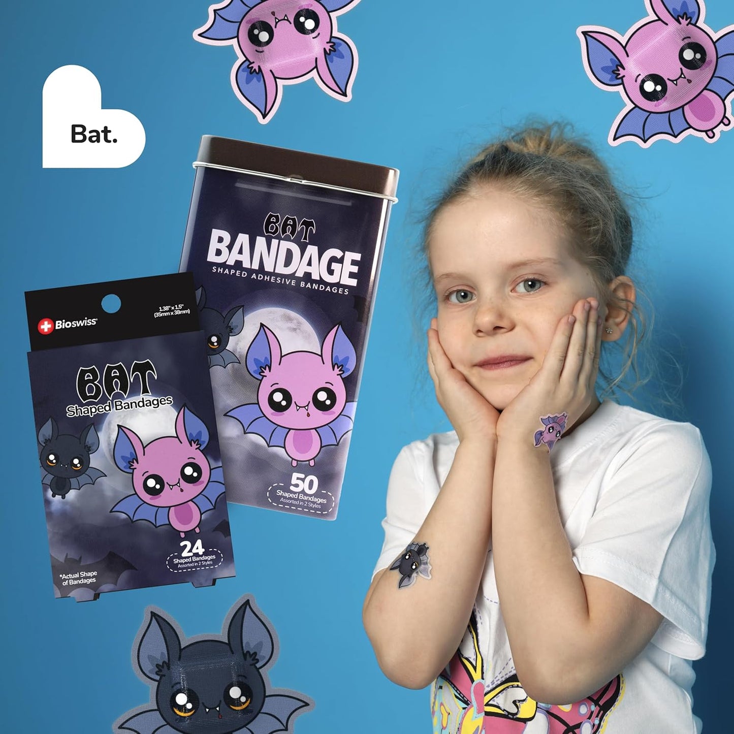 BioSwiss Bandages, Halloween Bat Shaped Self Adhesive Bandage, Latex Free Sterile Wound Care, Fun First Aid Kit Supplies for Kids, 24 Count
