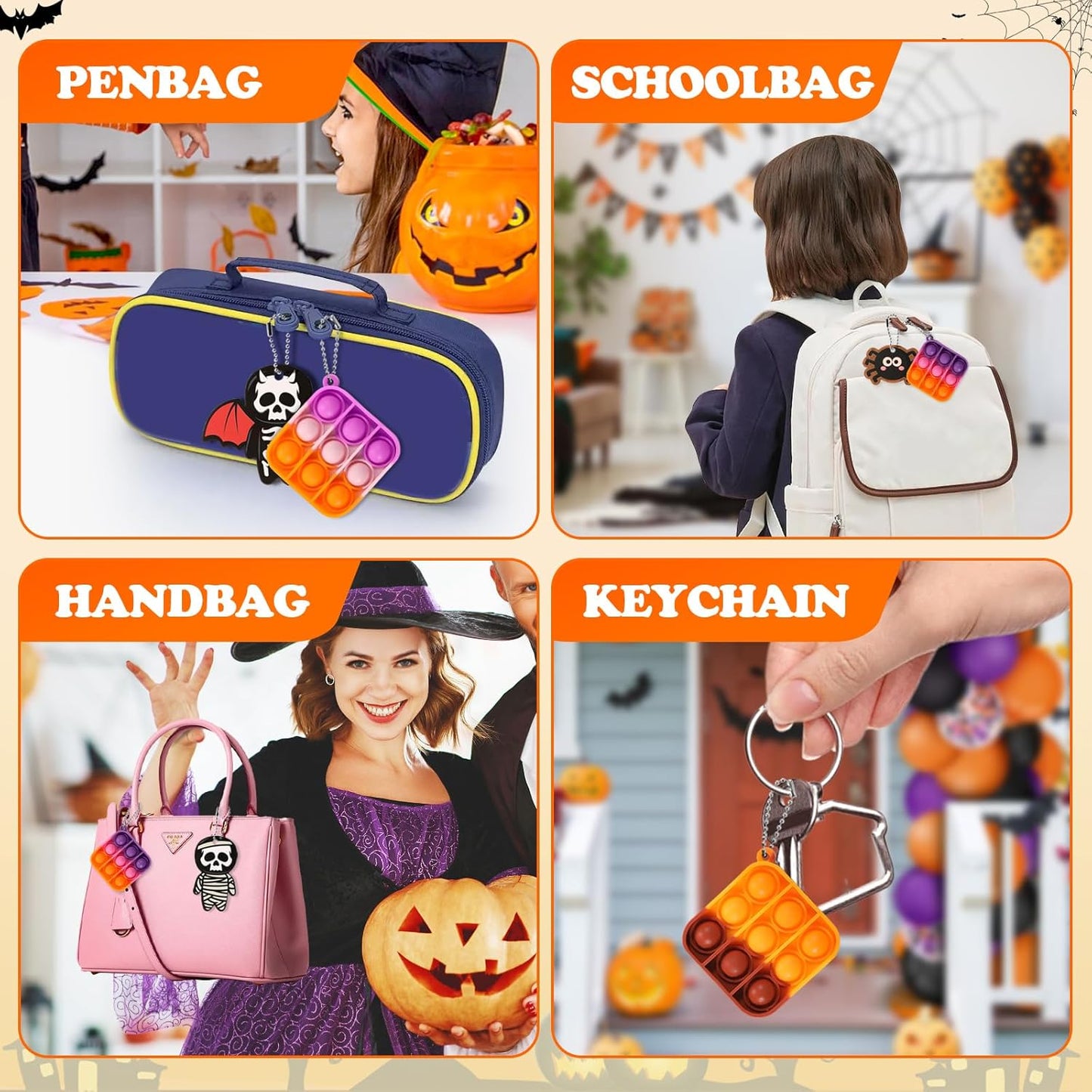 64Pack Halloween Mini Pop Fidget Toys Pack with Cartoon letter Party Favors, Silicone Squeeze Pop Bubble Fidget Bulk Sensory Toys, Pop Keychain Bubble Toy Party Bag Fillers for Kids, Wrap Pop Toy