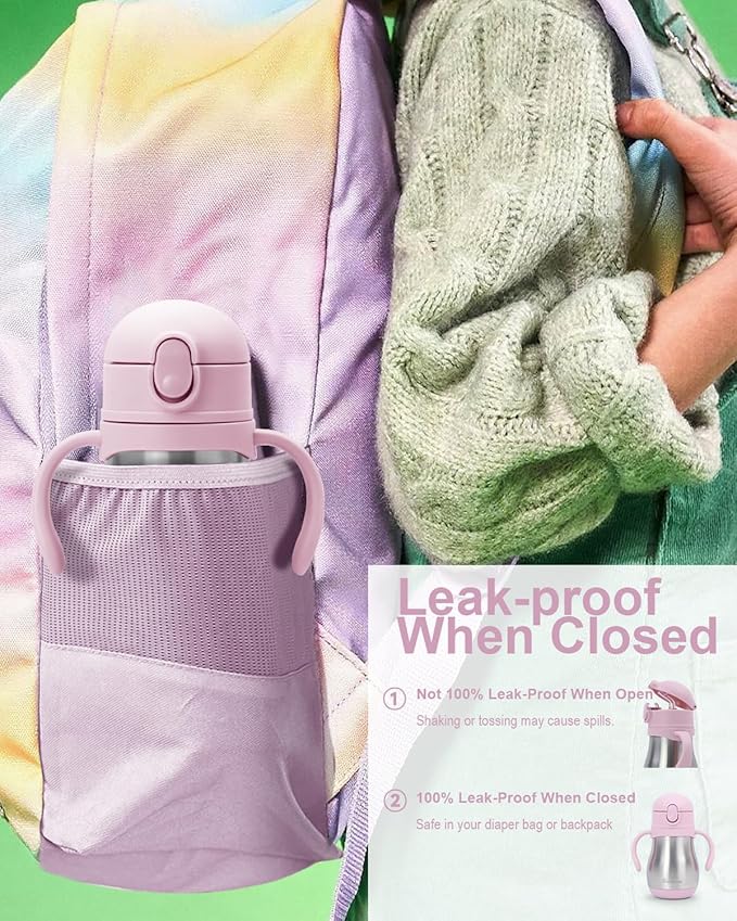 Stainless Steel Sippy Straw Cup for Toddlers 1-3 Years Old, Insulated Toddler Water Bottle Baby Training Tumbler with Handles, 8oz Kids Straw Cups for Travel, Daycare & At Home, Pink