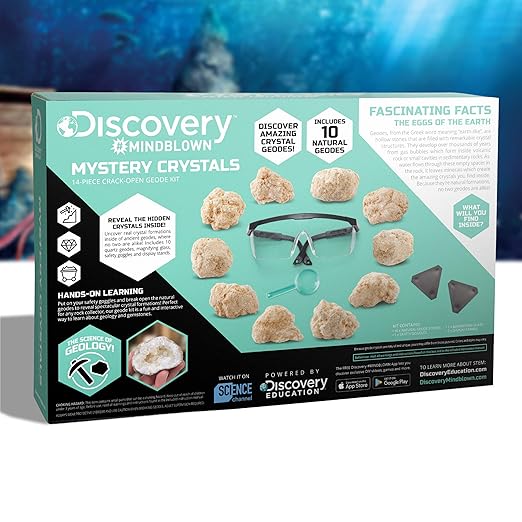 Discovery™ Crack-Open Geode Kit – Mystery Crystal STEM Science Set | 10 Natural Quartz Geodes | Kids Goggles, Magnifying Glass & Display Stands | Rock Dig Activity Toy| Educational Experiment Gift